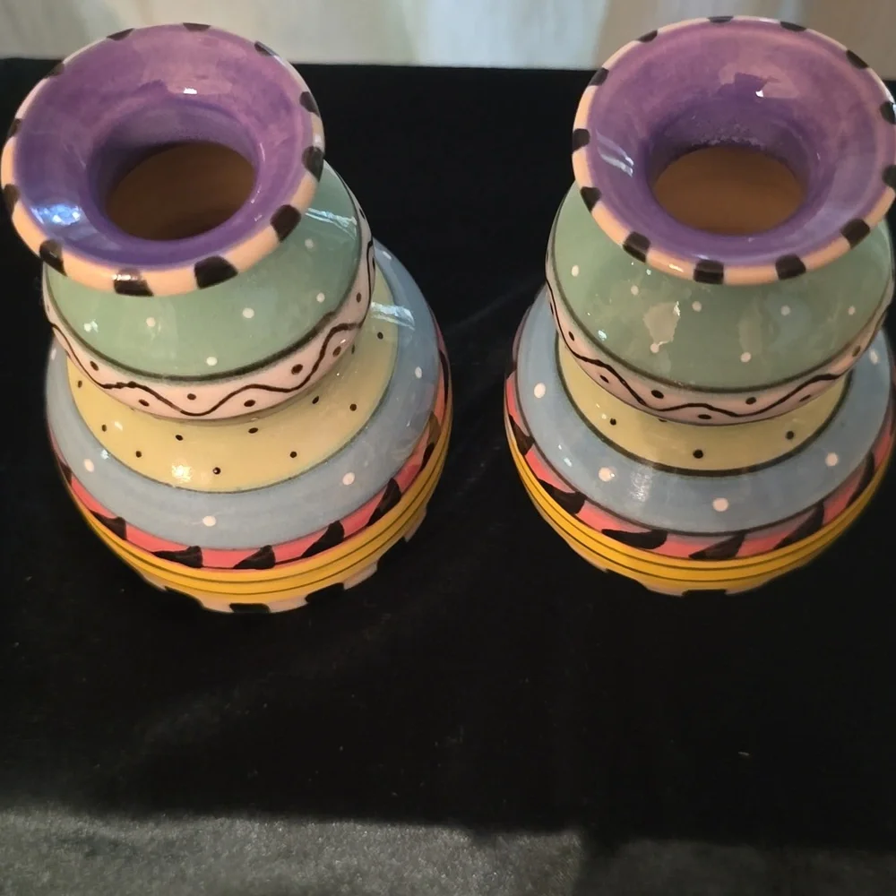 KMM Art‎ Pottery Colorful Taper Candlestick Holders Signed Whimsical